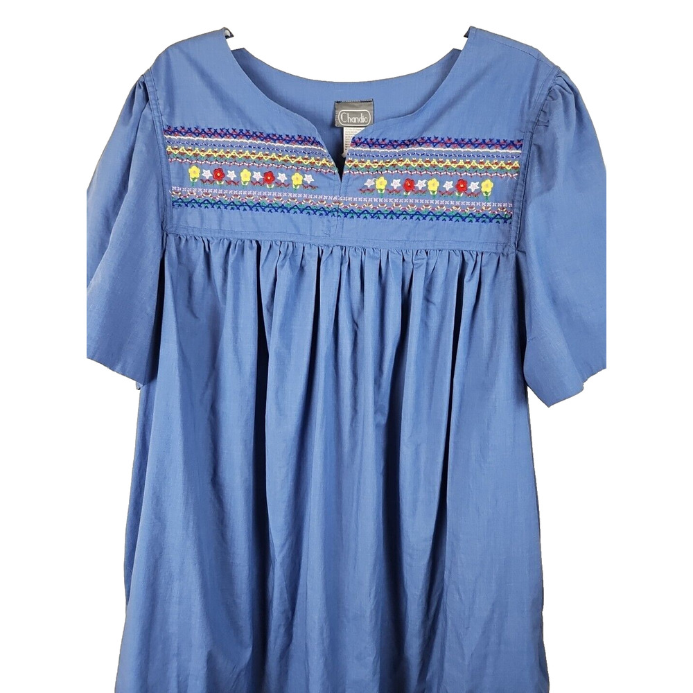 Mumu Housedress 1X Chandio Below-Knee Nightgown Blue Smocked Embroidered pockets